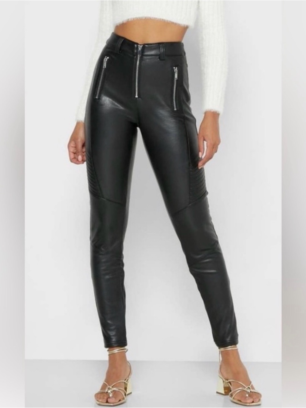 Black Faux Leather High-Waist Moto Pants size L